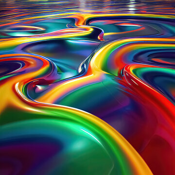 Rainbow colors realistic liquid plastic dynamic fluid abstract background. Digital 3D illustration.