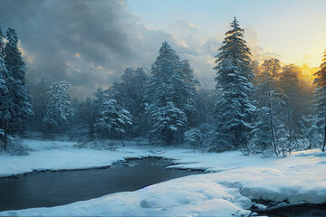 Winter landscape, trees, nature landscape, art illustration