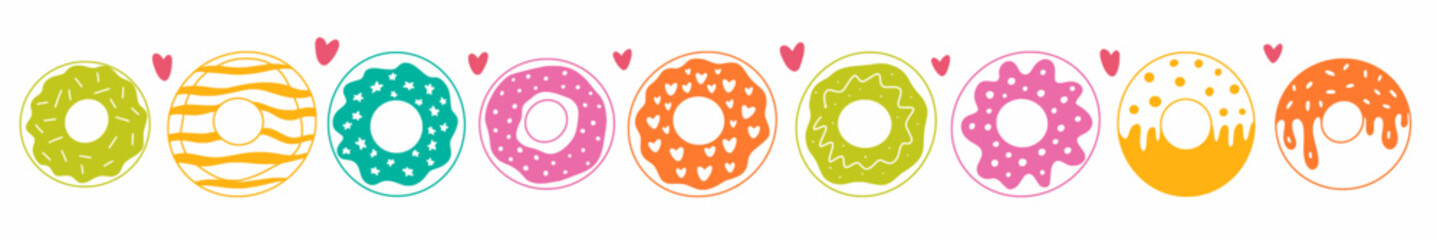 Vector horizontal pattern with donuts, hand-drawn in doodle style