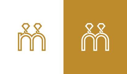 Initial Letter m Diamond Jewellery Logo Concept sign icon symbol Element Design Line Art Style. Jewelry Logotype. Vector illustration template