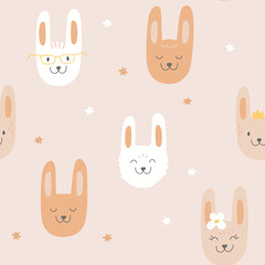 Vector seamless pattern with cute color rabbits in glasses, with flower. Bunny as symbol of chinese new year. Collection of rabbit icons for children textile print