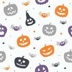 Halloween pattern with funny pumpkin lanterns and spiders. Vector