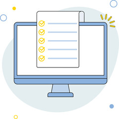 Checklist document with check marks in computer screen. The concept of online testing. Illustrations in line art style