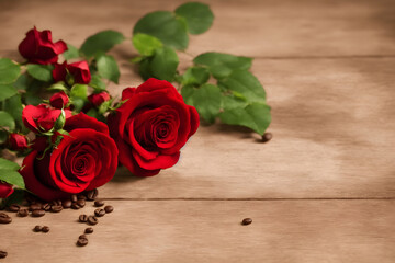 a photo of coffee beans and red roses, symbol of love