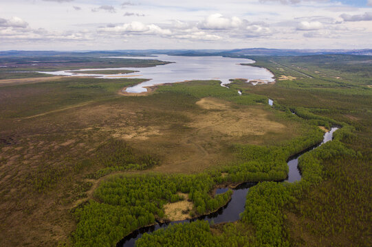 The Minikkajoki River and Lake Salmijärvi on the border between Russia and Norway. View from above