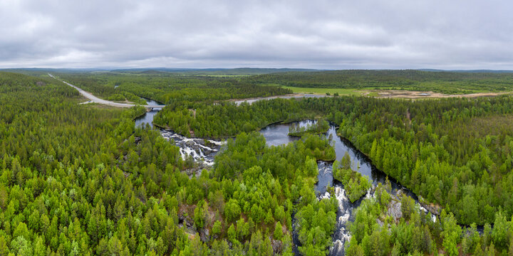 Waterfall on the Shuonijoki river, Murmansk region, Arctic, Russia. Top view, aerial photography