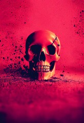 Computer generated human skull with red paint against a red grunge textured background. A.I. generated art.