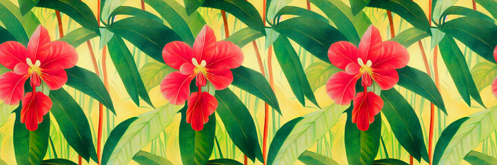 Seamless jungle floral background Jungle flowers and leaves. Seamless repeat pattern for fabrics, wallpapers, wrappers, postcards, greeting cards, wedding invitations, banners, web. 3d illustration