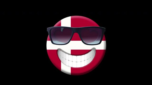 Denmark.Animation of smiling face with danish flag isolated by the Alpha channel (transparent background).Animated Emoji. face icon animation .Emoticon.Travel Denmark
