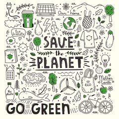 Vector set of simple ecology doodles. Alternative energy, nature protection, zero waste concept, trash recycle, green technology illustrated in child sketch style. Cute outline eco drawings © Olga