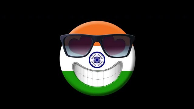 India.Animation of smiling face with indian flag isolated by the Alpha channel (transparent background).Animated Emoji. face icon animation .Emoticon.Travel India