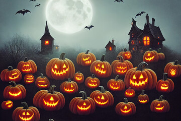 Fototapeta premium Halloween background with pumpkins and a haunted mansion, full moon, mist, and flying bats, spooky and creepy atmosphere