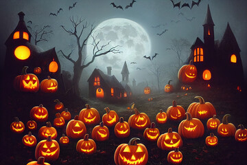 Fototapeta premium Halloween background with pumpkins and a haunted mansion, full moon, mist, and flying bats, spooky and creepy atmosphere