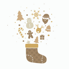 Christmas sock full of presents. Xmas decorations. Vector