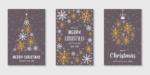Christmas greeting cards with golden snowflakes - set. Vector illustration