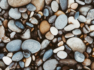 Group of white, brown, grey and black pebbles. Nature textured background.