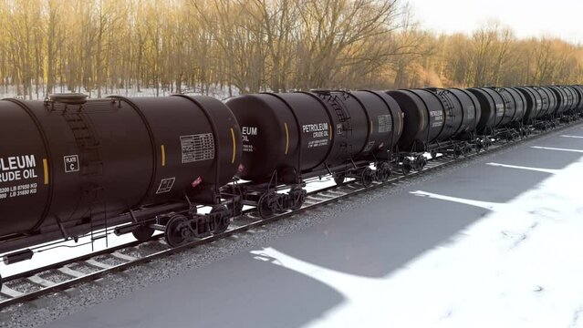 Transportation of petroleum and crude oil by freight trains via railroad. Oil tank wagons full with diesel fuel and crude oil and moving from refinery to the fuel storage. Train cisterns, 3d render.