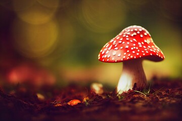 Fly Agaric toadstool fungus (Amanita Muscaria, a poisonous mushroom) in a forest.