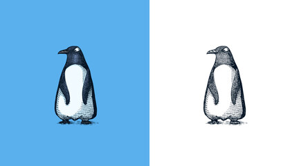 Gentoo penguin. Vector graphics black and white drawing. Hand drawn sketch. Aquatic flightless bird. Cute animal.
