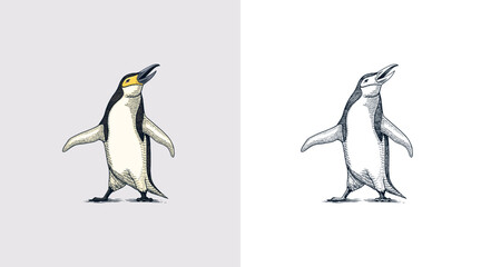 Chinstrap penguin. Adelie Gentoo bird. Vector graphics black and white drawing. Hand drawn sketch. Cute animal.
