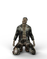 Fototapeta premium 3D rendering of a fantasy horror story undead monster kneeling isolated on a transparent background.