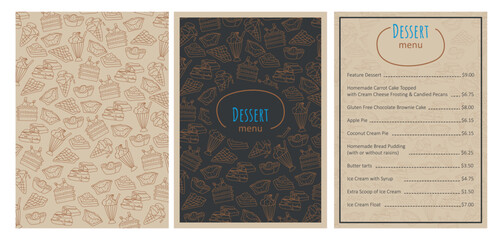 Vector printable design of dessert menu. Hand drawn outline cute illustrations of desserts.