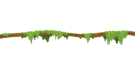 Lianas stem border. Rainforest green vine or twisted plant hanging on branch. Cartoon jungle creeper, leaves or moss on tree. Vector isolated game scenery element. Tropical nature plant © the8monkey