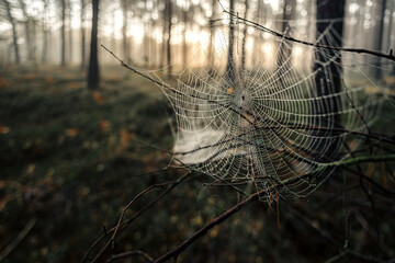 poranek pajęczyna w lesie jesień - obrazy, fototapety, plakaty