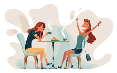 Two young females are sitting at table and talking in cafe. Meeting women in public place, having tea or coffee in restaurant, conversation. Spending time together at coffee break