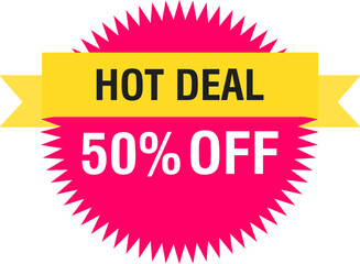 Sale tags and labels. Hot deal banner. 50 percent off. Shopping stickers and badges mockup. Illustration