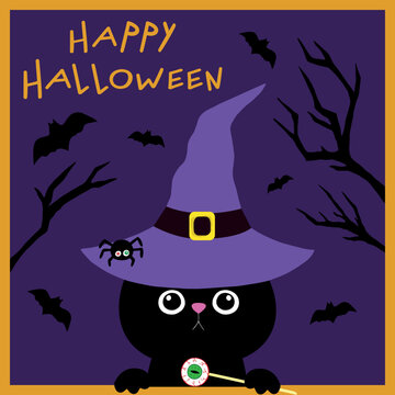 Halloween greeting card of black cat in hat with eye hard candy. Happy Halloween. Hand drawn vector art. Cat witch on purple background with branches and bats. Hand drawn font