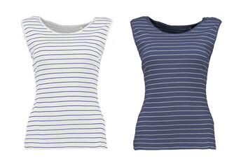 Two T-shirts in a marine style, white and blue. Isolated image on a white background. Nobody. 