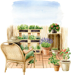 Apartment garden on balcony watercolor illustration. Woman in arm chair rest between plants. Zero waste gardening.