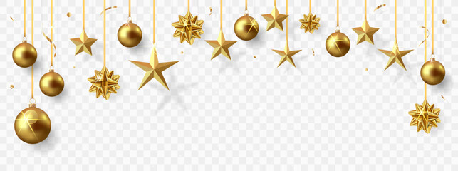 Christmas banner with bow, stars and christmas balls isolated on transparent background.	