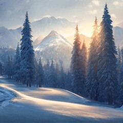 Fototapeta premium AI-generated hyper-realistic winter background with snowy trees and snowcap mountains in fog