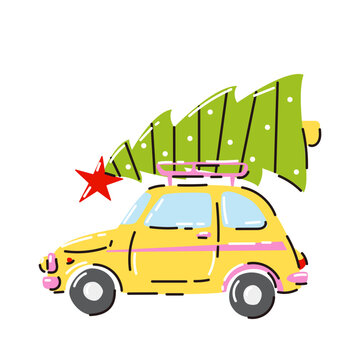 Vintage blue car with Christmas Tree and gifts in trunk. Hand drawn cartoon style vector illustration.