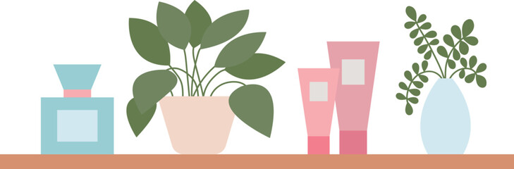 Vector shelf with bathroom tools illustration. Bathroom shelf with toilet tools and flowers