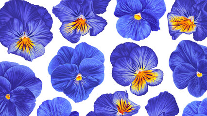 Fototapeta na wymiar Bright blue background with realistic pansies flowers. Highly detailed hand-drawn florets for wallpapers, banners, social networks, personal blogs, prints for clothing, textiles