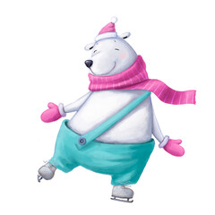 skating polar bear watercolor style winter illustration good for card and print design