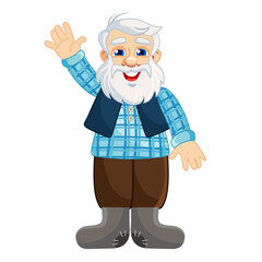 Cheerful gray-haired grandfather in rustic clothes and felt boots. Vector character