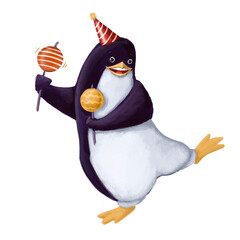 dancing penguin watercolor style holiday illustration with cartoon character good for card and print design