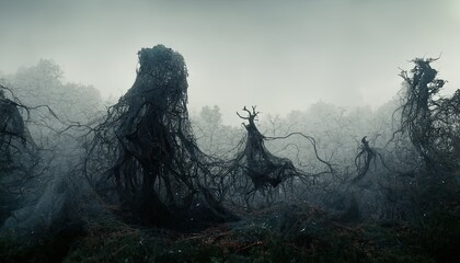 Halloween Background, Dark scary ancient forest atmosphere 