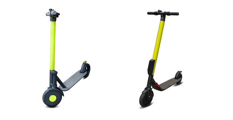 Electric city scooter, urban kick bike. Street motorbike on business transportation background. Rider motorcycle driving fast.