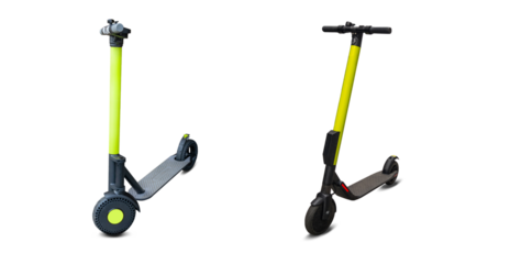 Electric city scooter, urban kick bike. Street motorbike on business transportation background. Rider motorcycle driving fast.