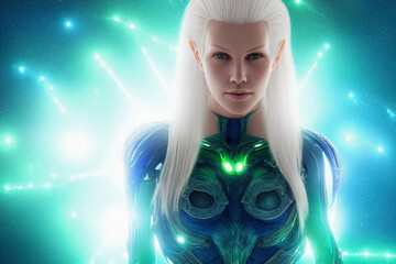 fantasy illustration of imaginary nordic type blonde haired female alien humanoid lifeform in glowing green blue light, generative AI