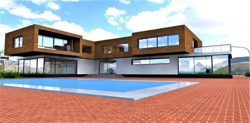 Red brick as a paving stone of the contemporary suburban dwelling with pool in the courtyard, Good illustration for the modern real estate magazine. 3d rendering.