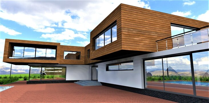 Contemporary country cottage. Re d brick pavement in the couurtyard near the back exit of the dwelling. Facade board as an ecological finishing material of the second flor walls. 3d rendering.