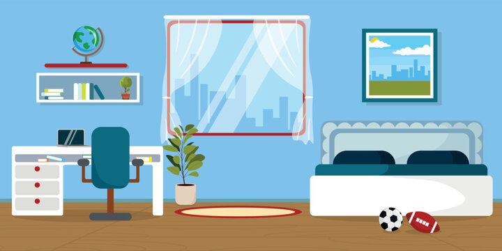 Vector illustration of a modern interior boys room. Cartoon interior with table, shelf, books, laptop, flowerpots, globe, bed, soccer balls, picture, window with access to the city.