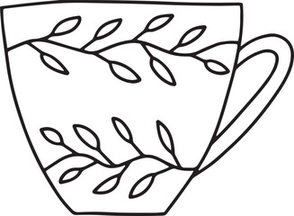 Obraz premium Doodle cup of tea vector illustration. Hand drawn cup with botanical decor