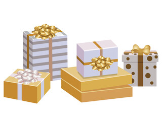 Gift boxes set. christmas or birthday presents with colorful wrap, ribbons and bows greeting cards 